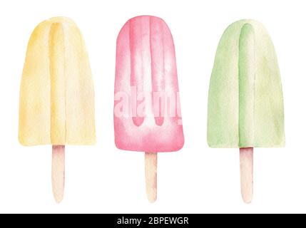 Aquarell Obst Eis Eis Eis Clipart auf weißem Hintergrund isoliert. Grafische Elemente für das sommerliche Essen. Handbemalte Illustration. Stockfoto