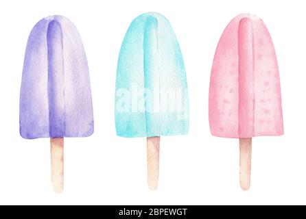 Eis gefärbte Fruchteis isoliert auf weißem Hintergrund. Sommer Lebensmittel Aquarell Clipart. Handgezeichnete Illustration. Stockfoto