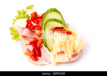 Dänische Spezialitäten und nationale Gerichte, qualitativ hochwertige Open Sandwich, isoliert auf weißem Hintergrund Stockfoto