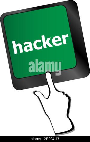 Hacker-Wort über Tastatur, Angriff, Internet-Terrorismus-Konzept Stockfoto