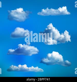 Große Menge transparenter Wolken. Realistische Designelemente. Vorlage für trüben Hintergrund. Vektorgrafik. Stock Vektor