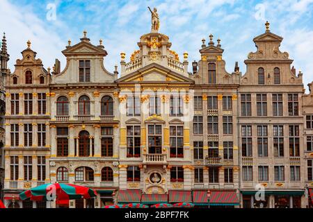 Schöne Häuser des Grand Place in Brüssel, Belgien. Von rechts nach links L'Etoile Le Cygne, L'Arbre d'Or, La Rose, Le Mont Thabor Stockfoto