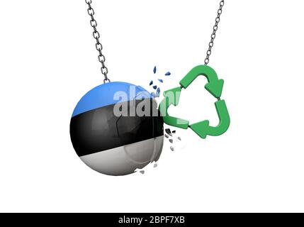 Grünes Recycling-Symbol stürzt in eine estnische Flagge Ball. 3D-Rendering Stockfoto