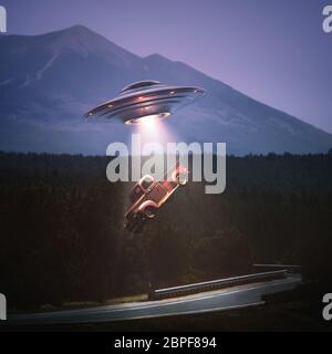 Unbekanntes Flugobjekt anheben, ein Auto von der Straße. Konzept der Entführung durch Außerirdische. Beschneidungspfad enthalten. Stockfoto