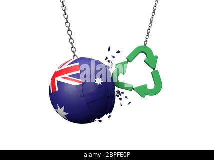 Green Recycling Symbol Absturz in eine Australien Flagge Ball. 3D-Rendering Stockfoto