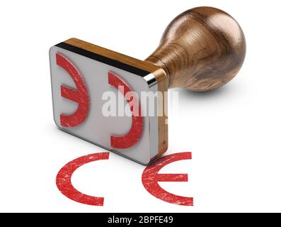 CE-Kennzeichnung auf weißem Hintergrund mit Stempel. 3D-Darstellung. Stockfoto