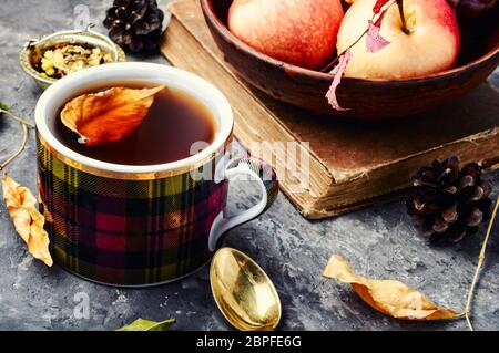 Tasse mit Tee auf Herbst Hintergrund Laub und Äpfel. Herbst noch Leben Stockfoto