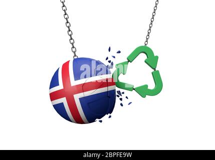 Green Recycling Symbol Absturz in eine Island Flagge Ball. 3D-Rendering Stockfoto
