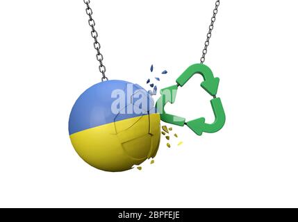 Green Recycling Symbol Absturz in eine Ukraine Flagge Ball. 3D-Rendering Stockfoto