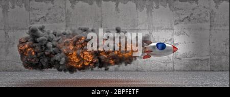 Vintage Cartoon Stil Raum Shuttle mit Rauch Flammen, Beton Hintergrund. 3d Render. Startkonzept, Herausforderung Erfolg. Niemand um Landschaft fo Stockfoto