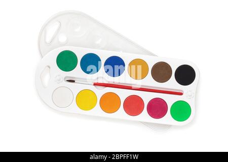 Aquarell Gaumen und Pinseln auf weißem Hintergrund. Stockfoto