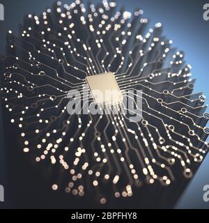 Künstliche Intelligenz. Microchip und Gehirn förmige Verbindungen. Elektrische Impulse, binäre Codes, die Aktivität des Gehirns. 3D-Darstellung. Stockfoto