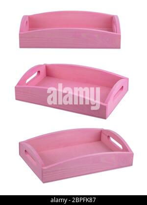 Set von rosa Holzkisten Draufsicht auf einem weißen Hintergrund. Stockfoto