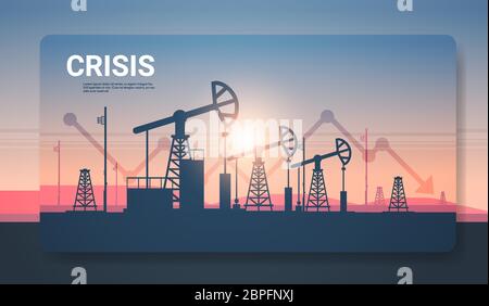 Pumpjack Silhouette Erdölproduktion und Handel Öl-Industrie nach unten Chart Pfeil fallenden Preis Krise Konzept Ölpumpen Bohrgerät Sonnenuntergang Hintergrund horizontal Kopie Raum Vektor Illustration Stock Vektor