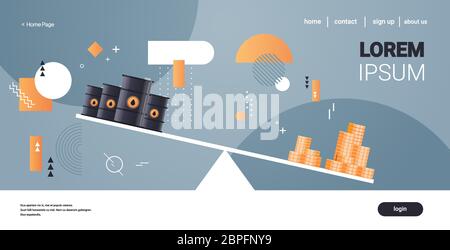 Ölfässer und Geldmünzen balancng auf Skalen sinkende Preisreduktion der Erdölkosten Krise Konzept horizontale Kopie Raum Vektor Illustration Stock Vektor