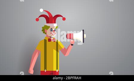 Erste april Narr Tag Mann in lustigen Narr Hut und Clown Maske halten Lautsprecher Feiertag Feier Konzept horizontal Porträt Vektor Illustration Stock Vektor