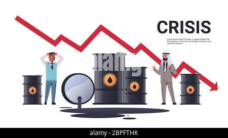Mix-Rennen Geschäftsleute frustriert über Öl aus Fässern nach unten gegossen Chart Pfeil fallenden Preis Rückgang der Ölkosten Krise Konzept horizontale Kopie Raum voller Länge Vektor Illustration Stock Vektor
