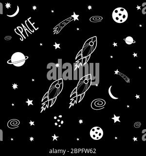 Nette Cartoon Doodle Raketen im Weltraum. Galaxy Muster für Drucke auf T-Shirt, Stoff, Papier. Vektorgrafik. Stock Vektor