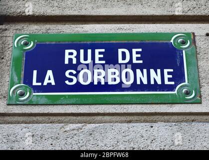 Rue de la Sorbonne Straßenschild Nahaufnahme. Paris, Frankreich. Stockfoto