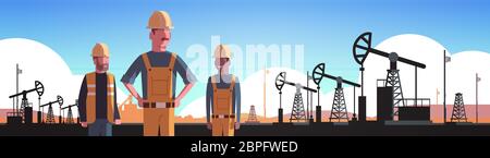Arbeiter in orange Uniform arbeiten auf Öl Bohranlage Pumpjack Petroleum Produktion Handel Öl Industrie Konzept Portrait horizontale Vektor-Illustration Stock Vektor