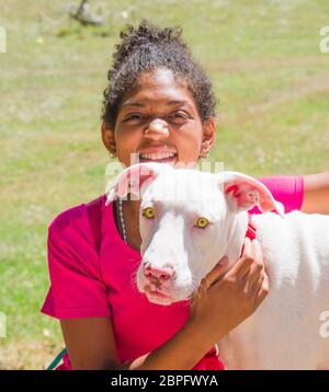 Junger brasilianischer Hundetrainer mit schönem weißen Hund mit großen gelben Augen Stockfoto