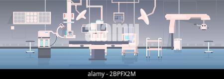 Krankenhaus Operationstisch und medizinische Geräte Moderne Klinik Chirurgie Raum Innenraum intensive Therapie chirurgische Verfahren Konzept horizontale Vektor-Illustration Stock Vektor