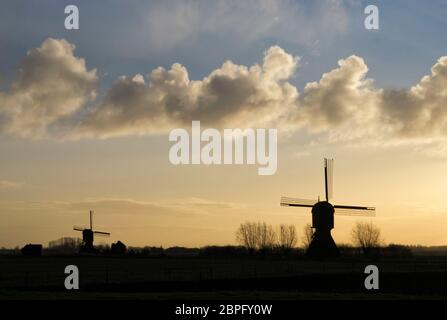 Mühle die Zandwijkse Molen in der Nähe von Uppel kurz vor Sonnenuntergang mit dem Uitwijkse Molen im Hintergrund Stockfoto