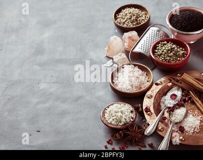 Grenze der natürlichen kochen Salze aus der ganzen Welt und aromatische Gewürze auf einem meliert grau Hintergrund mit Kopie Raum Stockfoto