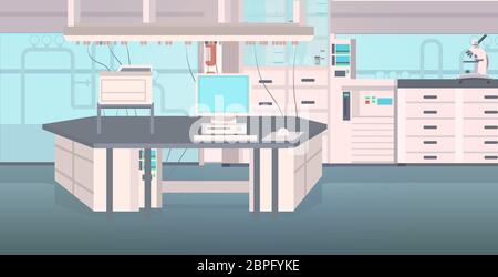 Moderne Labor Arbeitsplatz chemischen Labor Innenraum mit Möbelausstattung und glasswae horizontale Vektor-Illustration Stock Vektor