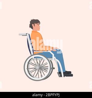 Behinderter Mann sitzt im Rollstuhl Behinderung Konzept flach volle Länge Vektor Illustration Stock Vektor