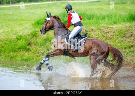 Vielseitigkeitsreiten: Reiter springen über ein Blockhüter im Splash Stockfoto