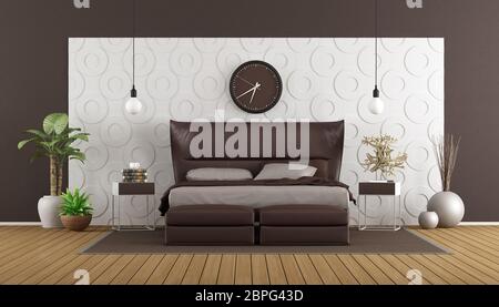 Moderne Schlafzimmer mit braunen Doppelzimmer gegen dekorative Panel - 3D-Rendering Stockfoto