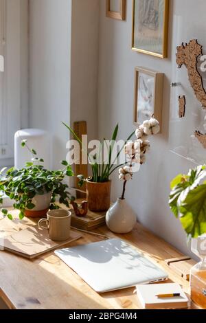 Freiberuflicher Arbeitsplatz - Holztischplatz, Laptop, Zimmerpflanzen, Skizzenbuch, Buch, Notizbuch, Bild an der Wand, Vase mit einem Zweig aus Baumwolle. Selektiv Stockfoto