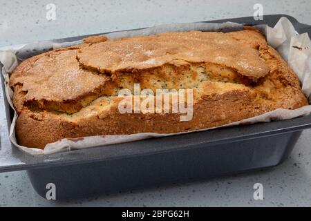 Frisch gebackener hausgemachter Zitronenkuchen in Kuchenform Stockfoto