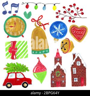 Set mit weihnachtselementen, Aquarellillustrationen, Grußkarten-Design. Stockfoto