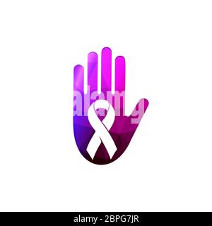 Menschliche Handfläche mit Band gegen Hausmissbrauch Logo. Logo für häusliche Gewalt. Lila Hand missbraucht schlagen Unterstützung Vektor-Illustration. Isoliert Stock Vektor