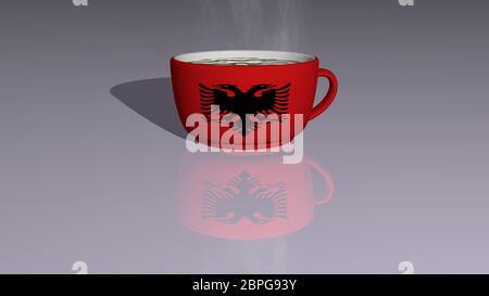 Albanien auf eine Tasse heißen Kaffee auf dem Boden gespiegelt in einer 3D-Illustration mit realistischer Perspektive und Schatten platziert Stockfoto