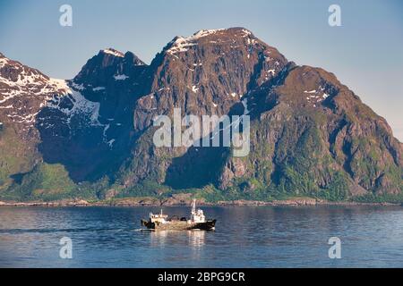 Der Fischtrawler fährt vor der mittleren Westküste Norwegens, Skandinavien, an einer Bergkulisse vorbei Stockfoto