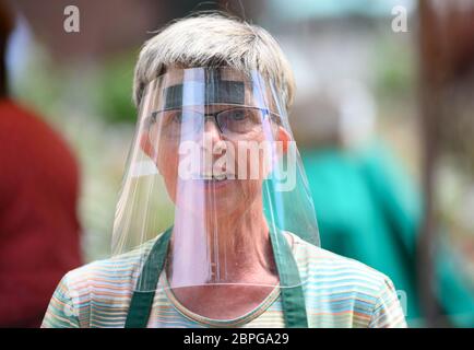 19. Mai 2020, Rheinland-Pfalz, Mainz: Eine Verkäuferin trägt auf dem Wochenmarkt eine Gesichtsmaske. Foto: Andreas Arnold/dpa Stockfoto