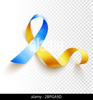 World Down Syndrome Tag. März 21. Realistisches blaues gelbes Bändchen-Symbol über transparentem Hintergrund. Vorlage für Poster. Vektorgrafik. Stock Vektor
