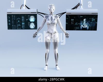 3D-Rendering eines Roboters stehende Frau mit geschlossenen Augen. Sie ist mit zwei Bildschirmen zum Scannen oder Aufladen ihrer künstlichen Intelligenz verbunden. Futuris Stockfoto