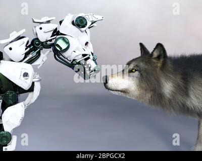 3D-Rendering für eine roboterhund Treffen einen echten Wolf oder Hund. Konzept der Zukunft. Stockfoto