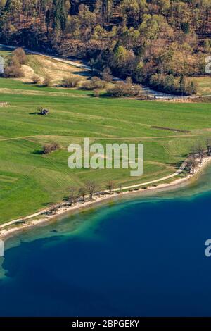 Bohinj Seenküste und grüne Felder von Vogar Stockfoto