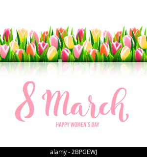 8. März Internationale Damen Tag Grußkarte. Vorlage Poster mit handgezeichneter Kalligraphie. Vektorgrafik. Stock Vektor