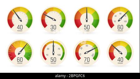 Tachometer, Barometer-Logo. Runde Skala, Geschwindigkeit, Gewicht, Leistung, Prozentanzeige Sammlung. Kraftstoff, Tankanzeige, Symbol für das Armaturenbrett im Auto Stock Vektor