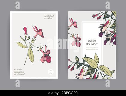 Botanische Hochzeit Einladungskarte Vorlage Design, Hand gezeichnet fuchsia rosa Blüten und Blätter, Pastell vintage ländlichen Thema mit quadratischen Rahmen auf Weiß b Stockfoto