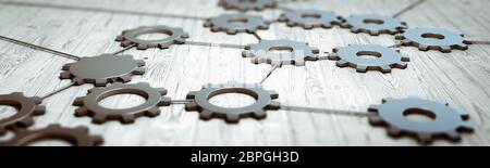 Engineering Zahnräder Konzept. Panoramablick auf die 3D-Rendering Stockfoto