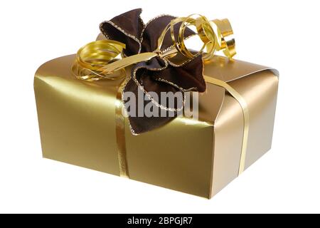 Nahaufnahme eines isolierten Gegenwart in einer goldenen Paket Stockfoto