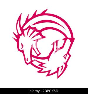 Symbol Retro Stil Darstellung eines Drachen und Wolf im Yin Yang Symbol oder Position auf isolierten Hintergrund. Stockfoto