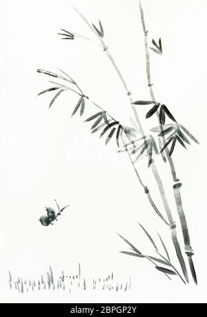 Ausbildung Zeichnung in Sumi-e (suibokuga) Stil mit Wasserfarben - Butterfly in der Nähe von Bamboo Bush ist von Hand auf cremigem Papier gezeichnet Stockfoto